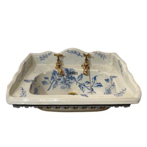 Victorian Floral Blue and White Basin with Brackets and Antique Taps