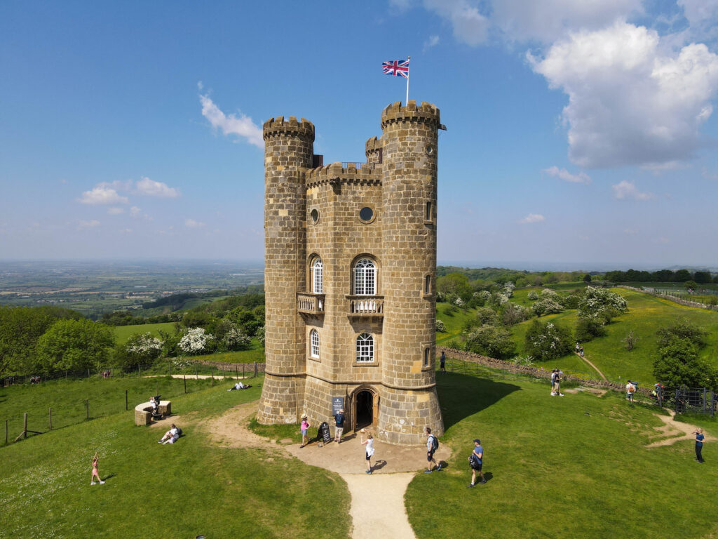 Broadway, England - 19 May 2024: drone view at the Broadway tower on England
