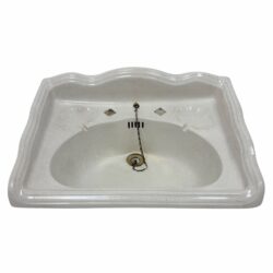 Antique victorian white bathroom basin with rolled edges and nickle plated chain and waste