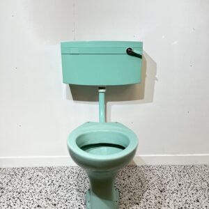 Turquoise low level toilet pan and cistern on white backdrop with bathroom tiles