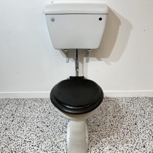 low level white twyfords toilet with black toilet seat on white backdrop and bathroom tiles