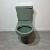 green close coupled toilet with white backdrop and bathroom tiles