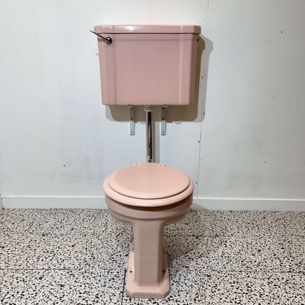 pink low level art deco toilet with pink toilet seat on white backdrop with bathroom tiles