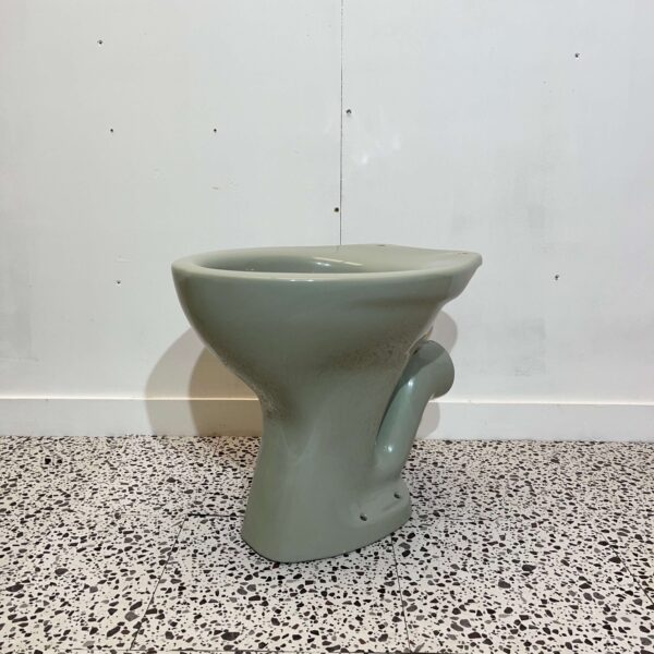 green toilet pan on white backdrop with bathroom tiles